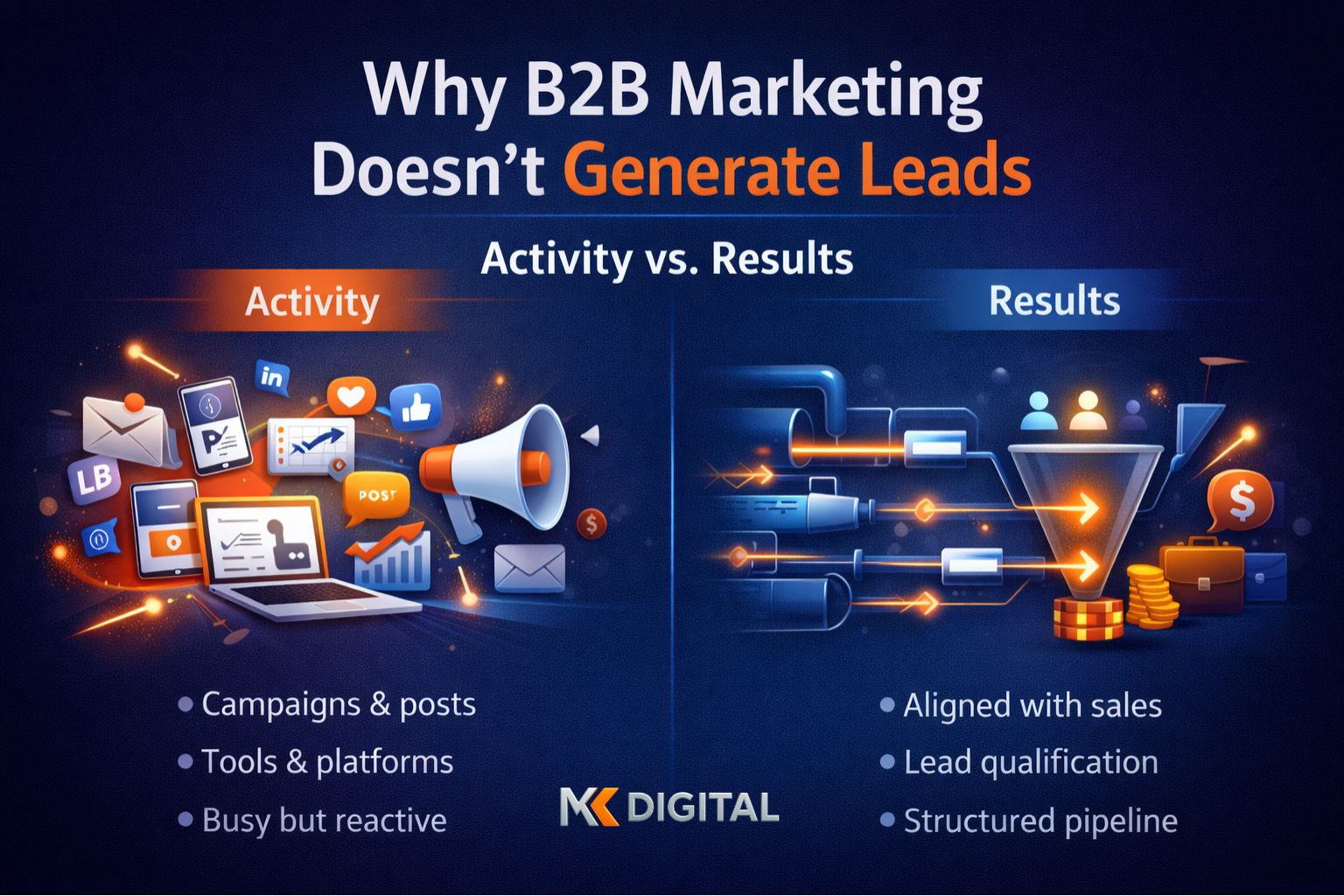 why b2b marketing doesnt generate leads activity vs results diagram