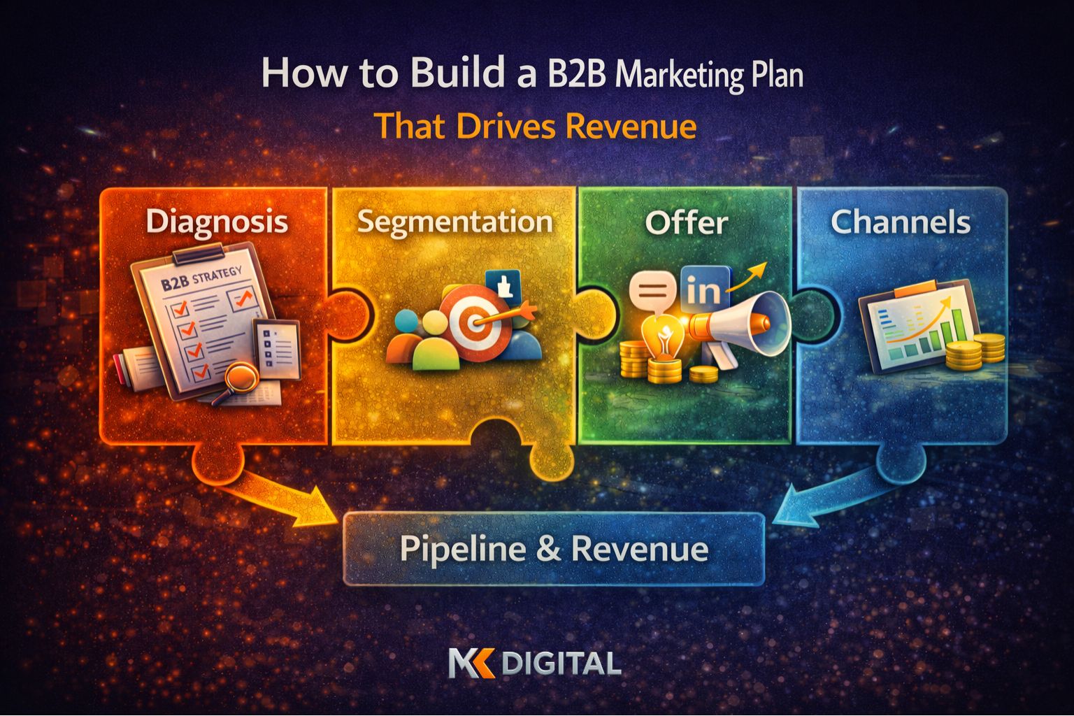 b2b marketing plan framework showing how diagnosis segmentation offer and channels drive pipeline and revenue