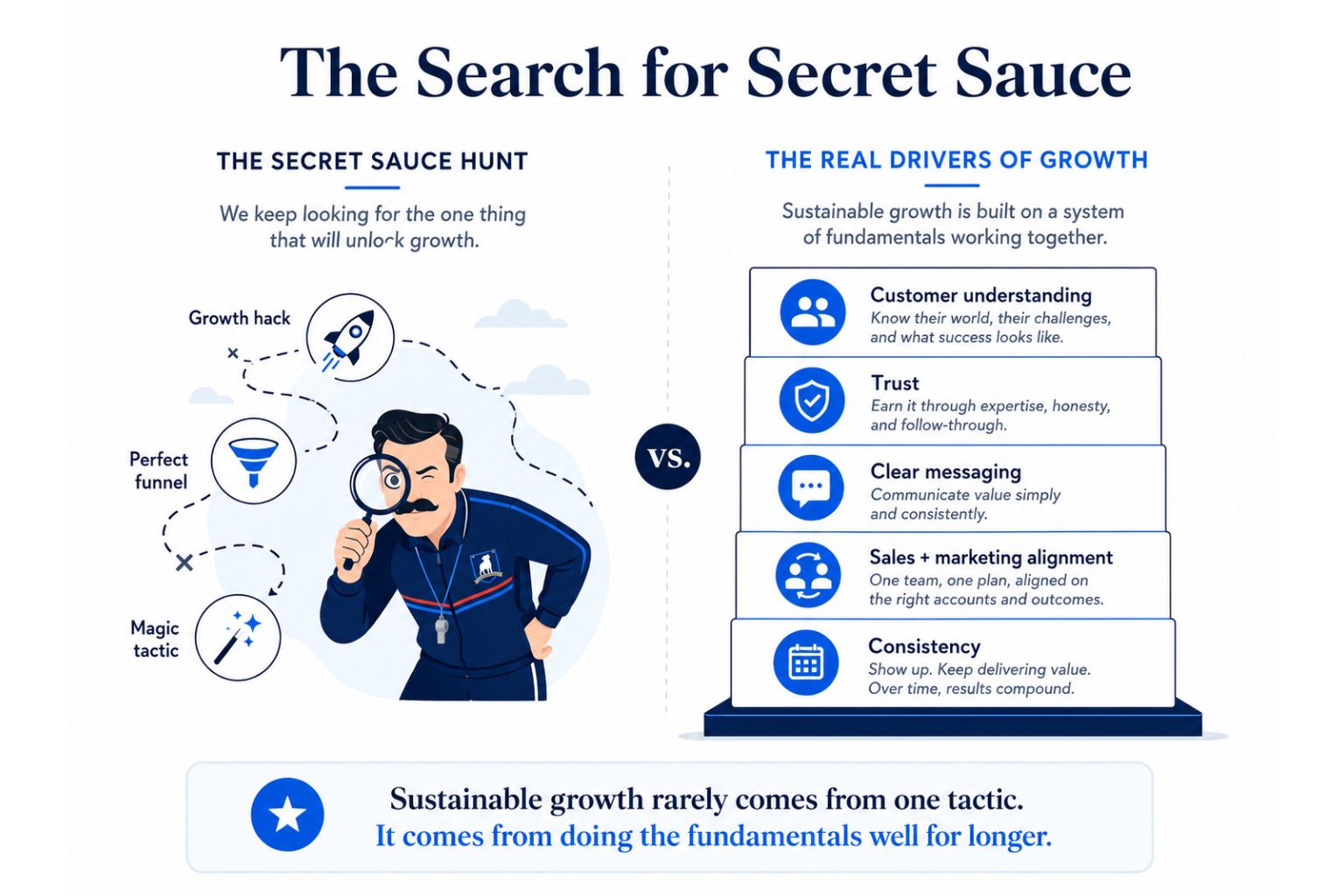 Infographic explaining that sustainable B2B growth comes from customer understanding, trust, messaging and consistency.